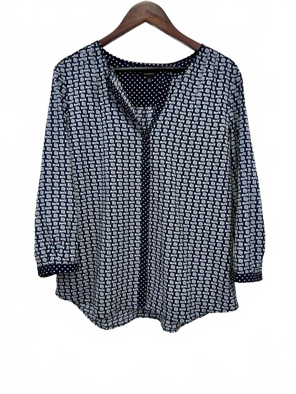 Talbots XL Navy Blue and White Patterned Blouse with Polka Dot Detail